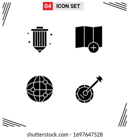 Pack of 4 creative Solid Glyphs of coding; globe; pencil; map; audio Editable Vector Design Elements