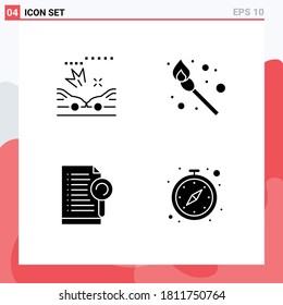 Pack of 4 creative Solid Glyphs of car; server; camping; document; stop watch Editable Vector Design Elements