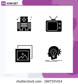 Pack of 4 creative Solid Glyphs of building; gallery; hospital; tv; creative Editable Vector Design Elements