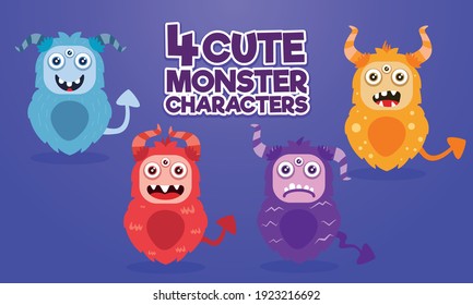 pack of 4 cute monsters