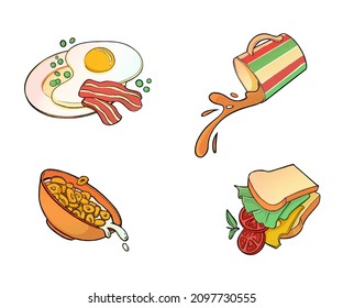 Pack of 4 delicious meals. Falling food illustrations: crumbling cheese sandwich and bacon fried eggs, spilling cereals, and tea.