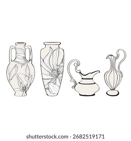 Pack de 4 jarrones dibujados a mano. Ilustración minimalista.