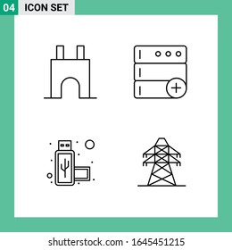 Paquete de 4 iconos de estilo de línea. Símbolos de esquema para impresión. Carteles creativos aislados en fondo blanco. 4 Conjunto de iconos.