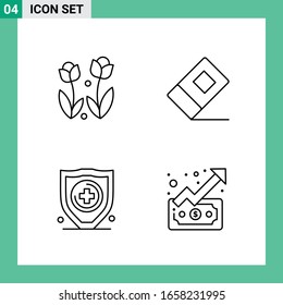 Paket mit 4 Line Style Icon Set. Umrisssymbole für den Druck. Kreative Zeichen einzeln auf weißem Hintergrund.4 Symbolsatz.