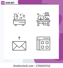 Paquete de 4 modernos símbolos y símbolos de color plano de línea plana para medios de impresión en la Web, como baño; enviar; ducha; lugar de trabajo; elementos de diseño de vectores editables de comunicación