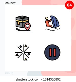 Pack of 4 Modern Filledline Flat Colors Signs and Symbols for Web Print Media such as khana; sport; map; surfing; fire Editable Vector Design Elements