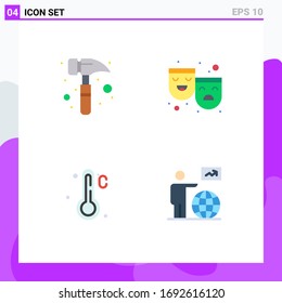 Pack of 4 Modern Flat Icons Signs and Symbols for Web Print Media such as claw hammer; weather; masks; happy sad; globe Editable Vector Design Elements