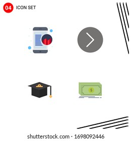 Paquete de 4 símbolos y símbolos modernos de iconos planos para medios impresos en la Web, como la comercialización; educación; datos en línea; reproductor de medios; elementos de diseño de vectores editables con dinero