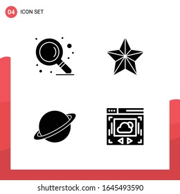 Paquete de 4 iconos de glifo universales para medios impresos en fondo blanco.