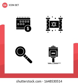 Paquete de 4 iconos de glifo universales para medios impresos en fondo blanco.