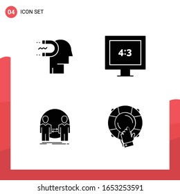 Paquete de 4 iconos de glifo universales para medios impresos en fondo blanco.