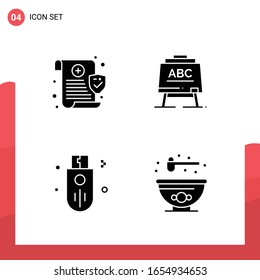 Paquete de 4 iconos de glifo universales para medios impresos en fondo blanco.