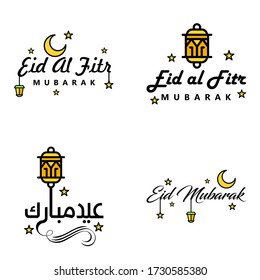 Pack of 4 Vector of Arabic Calligraphy Text with Moon And Stars of Eid Mubarak for the Celebration of Muslim Community Festival