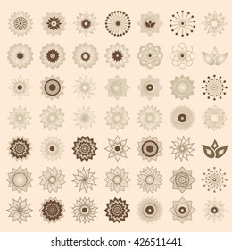 Pack of 49 transparent light ivory abstract geometric flowers logo template. Business abstract icon. Use for logo, sign, symbol, web, label, icon. Vector illustration