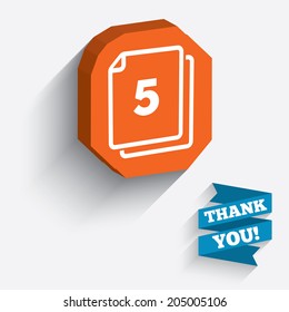 In pack 5 sheets sign icon. 5 papers symbol. White icon on orange 3D piece of wall. Carved in stone with long flat shadow. Vector