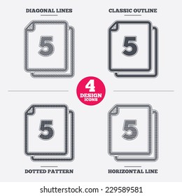 In pack 5 sheets sign icon. 5 papers symbol. Diagonal and horizontal lines, classic outline, dotted texture. Pattern design icons.  Vector
