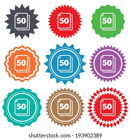In pack 50 sheets sign icon. 50 papers symbol. Stars stickers. Certificate emblem labels. Vector