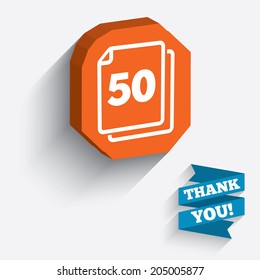 In pack 50 sheets sign icon. 50 papers symbol. White icon on orange 3D piece of wall. Carved in stone with long flat shadow. Vector