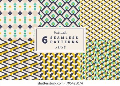 Pack with 6 colored seamless geometric pattern backgrounds