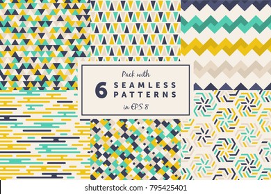 Pack with 6 colored seamless geometric pattern backgrounds