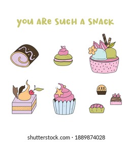 Pack of 6 cute hand drawn dessert illustrations. Pastry, sweets, ice-cream, chocolate, candy.