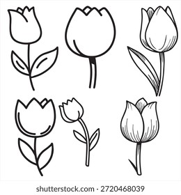Paquete de 6 flores de tulipán Estilo de Vector Paquete de flores Patrón de fondo Silueta negra Imágenes dibujadas a mano de flores abstractas 
