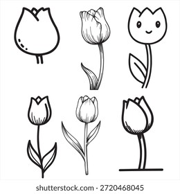 Paquete de 6 flores de tulipán Estilo de Vector Paquete de flores Patrón de fondo Silueta negra Imágenes dibujadas a mano de flores abstractas 