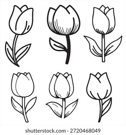 pacote de 6 tulipas flores estilo vetor flor pacote fundo padrão preto silhueta mão desenhada imagens de flores abstratas 