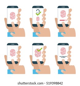 Pack 6 Vector illustration. Identification scannings of a fingerprint in the mobile phone. Touch and pay. Scan to unlock. Accepted access. Verification process. 