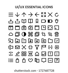 Pack of 64 UI and UX Essential Line Icons Kit for Web and Mobile