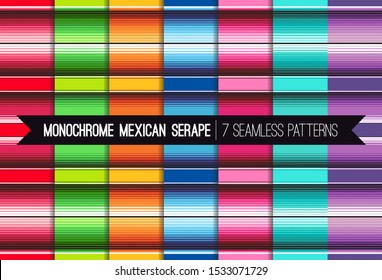 Pack of 7 Mexican Serape Blanket Stripes Seamless Vector Patterns in Monochrome Colors. Rug Texture with Threads. Backgrounds for Day of the Dead or Cinco de Mayo Decor. Pattern Tile Swatches Included