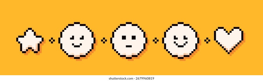 Paquete con Elementos de color de píxeles Y2K de 8 bits. Emoji, corazón y una estrella.