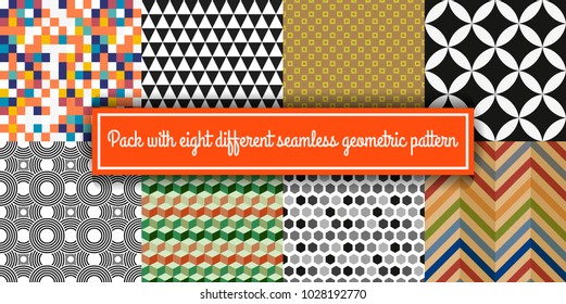 Pack with 8 colored seamless geometric pattern backgrounds