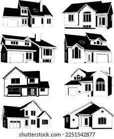 Paquete de 8 fachadas diferentes. Sencillas imágenes vectoriales en blanco y negro. Silhouettes, Villas, Bungalows, Casas