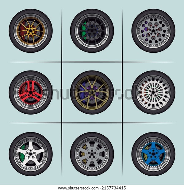 Pack of 9 car wheels. Rims, tyres and brakes.\
Sport, retro tuning and jdm\
styles.