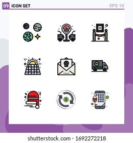 Pack of 9 creative Filledline Flat Colors of event; energy; exhibition; battery; eco Editable Vector Design Elements