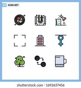 Pack of 9 creative Filledline Flat Colors of gender; interface; science lab; battery; full screen Editable Vector Design Elements