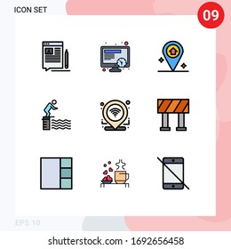 Pack of 9 creative Filledline Flat Colors of gps; sport; map; pool; jump Editable Vector Design Elements