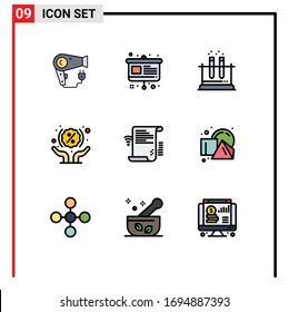 Pack of 9 creative Filledline Flat Colors of document; shopping; lab; percentage; discount Editable Vector Design Elements