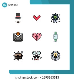 Pack of 9 creative Filledline Flat Colors of love; remove; down; mail; medal Editable Vector Design Elements