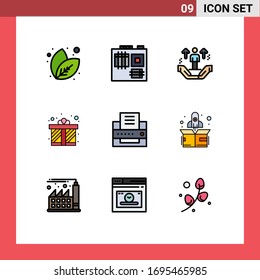 Pack of 9 creative Filledline Flat Colors of office; printer; man; love; gift box Editable Vector Design Elements