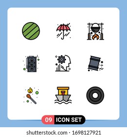 Pack of 9 creative Filledline Flat Colors of barrels; gear; cooking; process; mind Editable Vector Design Elements