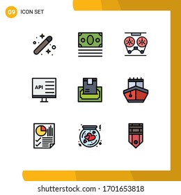 Pack of 9 creative Filledline Flat Colors of develop; coding; shopping; app; recorder Editable Vector Design Elements