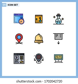 Pack of 9 creative Filledline Flat Colors of bells; pin; flask; pointer; location Editable Vector Design Elements
