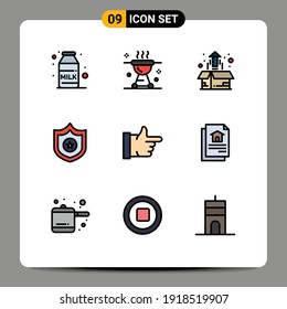 Pack of 9 creative Filledline Flat Colors of thumbs up; shield; box; sheriff; product growth Editable Vector Design Elements