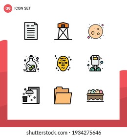 Pack of 9 creative Filledline Flat Colors of science; alien; full moon; zombie; halloween Editable Vector Design Elements