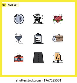 Pack of 9 creative Filledline Flat Colors of clipboard; grill; angle; food; cooking bbq Editable Vector Design Elements
