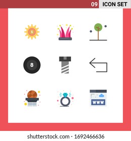 Paquete de 9 colores planos creativos de tuerca; deporte; gorro de joker; billar; elementos de diseño de vectores editables de árbol