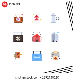 Pack of 9 creative Flat Colors of sign; hanging; cinema; halloween; reel Editable Vector Design Elements