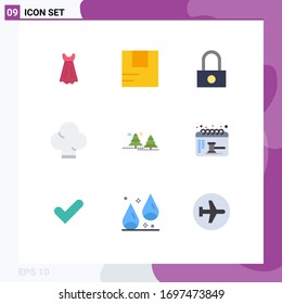 Pack of 9 creative Flat Colors of pines; jungle; password; camping; hat Editable Vector Design Elements